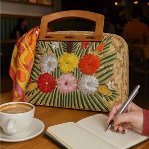 NWOT Large Floral Natural Fibre Woven Handbag with Wooden Handles